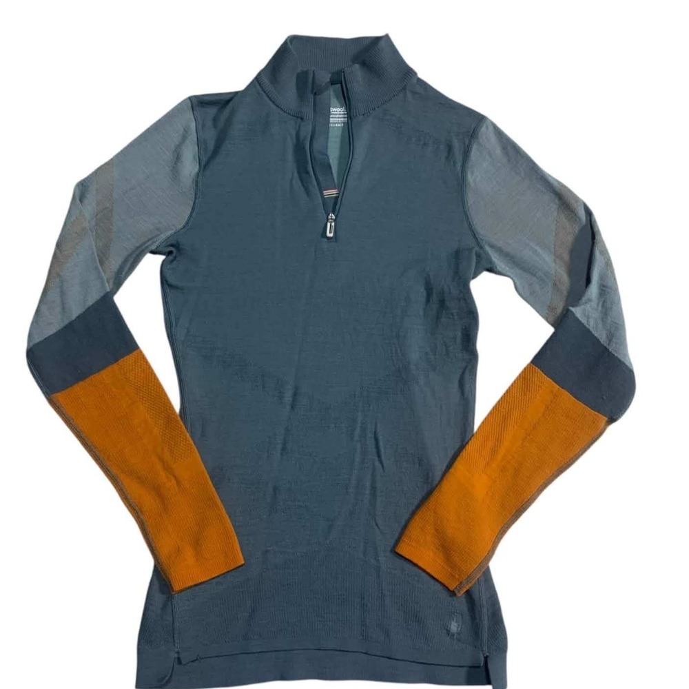 Smartwool Intraknit Thermal 200 Medium Colorblock 1/4 Zip Base Layer Blue Orange